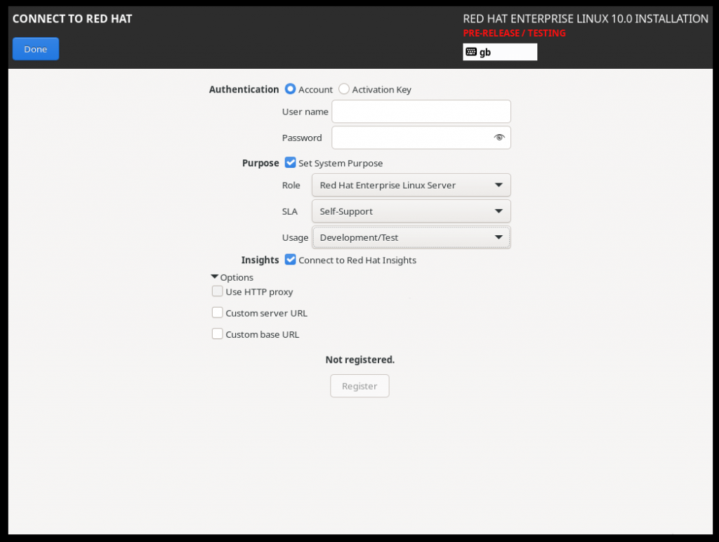 RHEL 10 Installer - Connect to Red Hat and Red Hat Insights