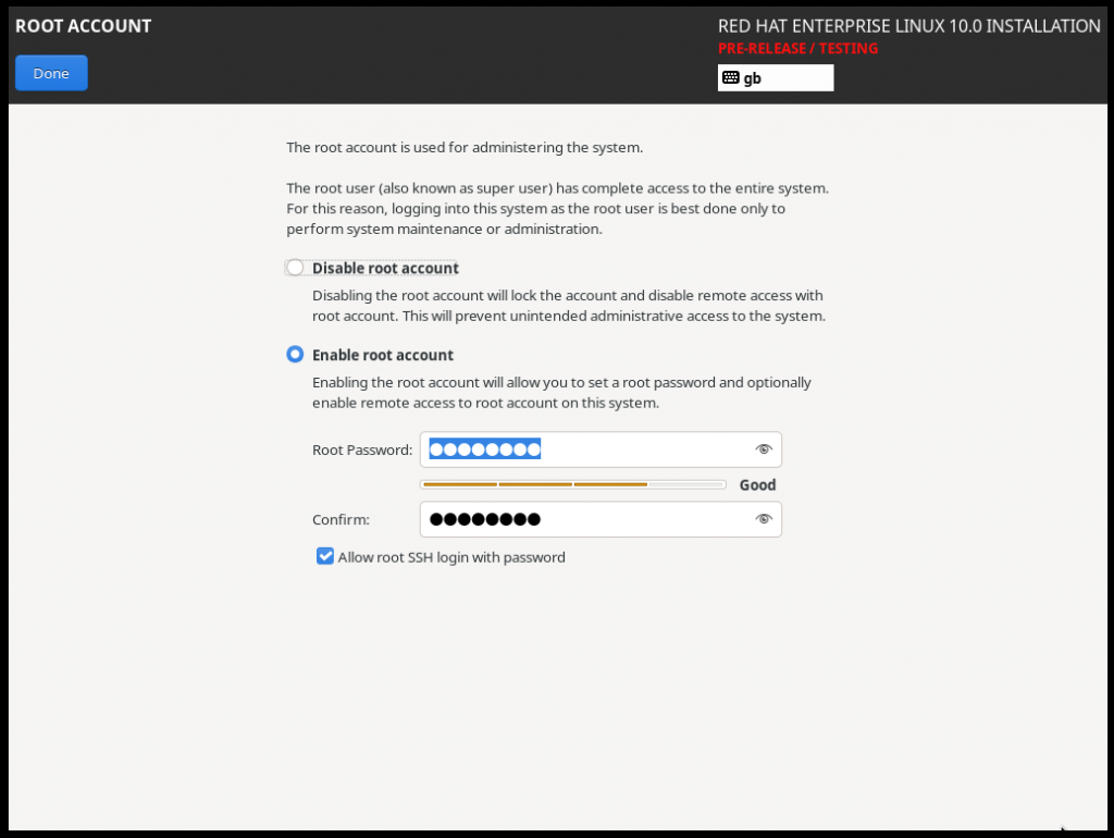 RHEL 10 installer root account options